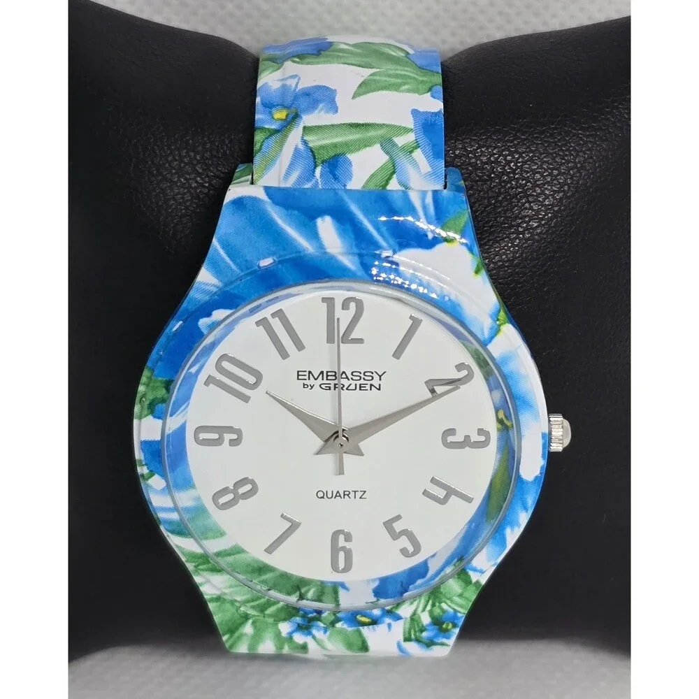 Women's Embassy by Gruen Trendy Floral Blue Green Cuff Bracelet Watch 11 - Picture 4 of 9